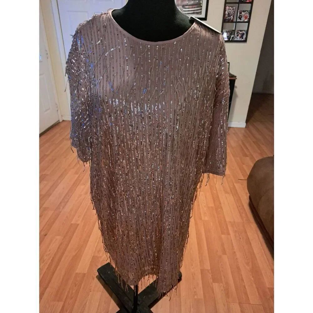 New And the Why California Sequin Tassel Dress L Pink Rose Lined Party Holiday